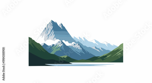 Stylized mountain range with a lake and snow-capped peaks under a white sky