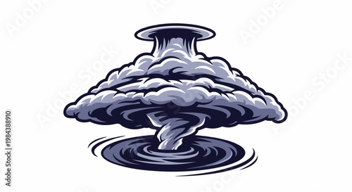 Stylized illustration of a dark tornado with swirling clouds and water