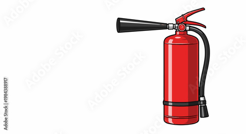 A red fire extinguisher with a black hose and nozzle on a white background