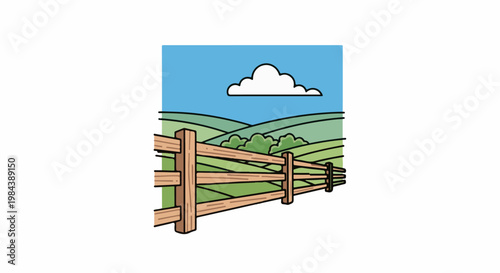 A rustic wooden fence runs through rolling green hills under a blue sky