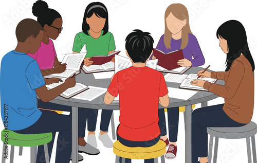 Group of Children Studying Together Icon Featuring Diverse Students with Books for Education, School, and Learning Illustrations