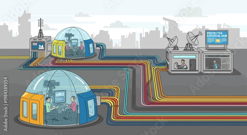 Futuristic technology, industrial infrastructure, Press freedom day, network connections, communication systems, vector illustration