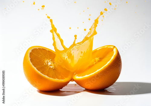 Juice splashing from a halved orange fruit