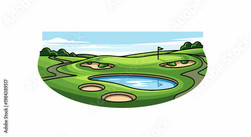 A stylized cartoon golf course features rolling green hills, sand traps, a pond, and a flag