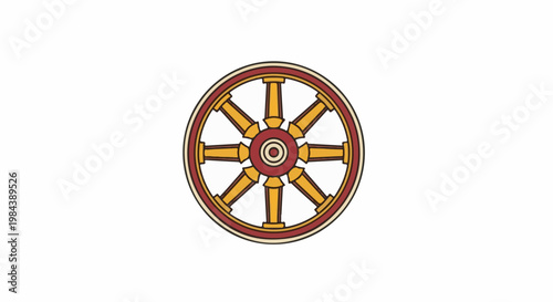 A stylized, colorful Dharma wheel with a dark outline on a white background