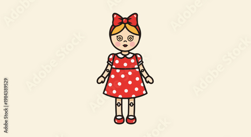 A cartoon girl doll with blonde hair, red polka dot dress, and bow