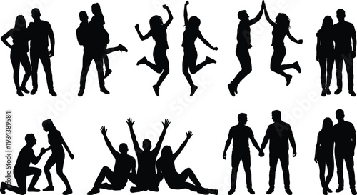 Black silhouette set of happy people couples jumping celebrating and marriage proposal isolated on white background for lifestyle and romance