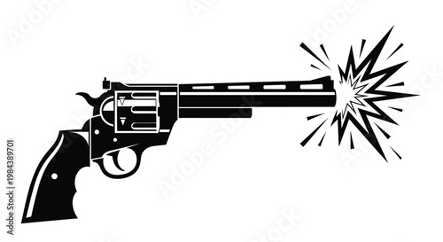 Revolver pistol firing, gun shooting starburst, black vector icon, weapon illustration, firearm graphics
