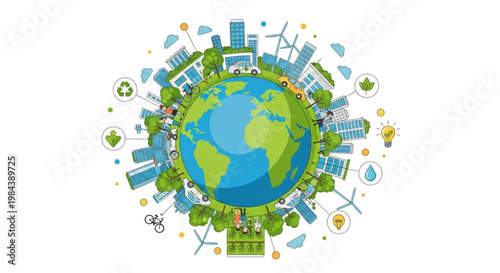 Earth surrounded by eco friendly icons and renewable energy symbols representing sustainable living and environmental conservation