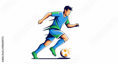 Stylized graphic of a person playing soccer, dribbling the ball