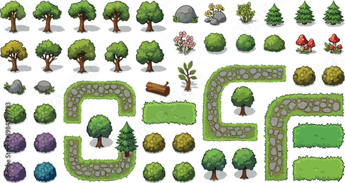 Isometric forest game assets vector set, cartoon nature environment elements with trees and bushes, garden landscape map creator kit isolated PNG with Transparent Background