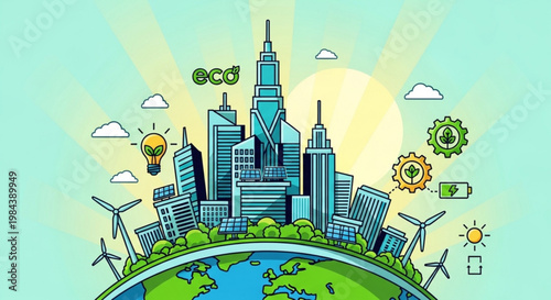Eco friendly cityscape with green earth wind turbines solar panels and sustainable energy icons representing a futuristic urban environment with a focus on renewable resources