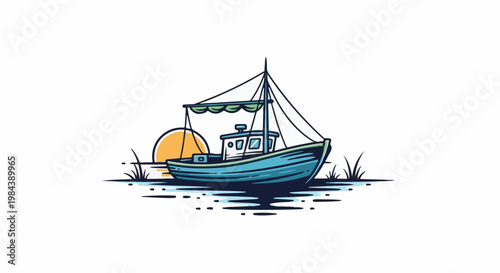 A simple illustration of a blue fishing boat at sunset near the shore