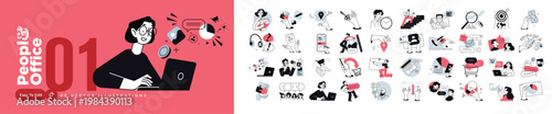 People and office. Vector illustrations of people in various business and management activities. Concepts for graphic and web design, social media, business and marketing material.