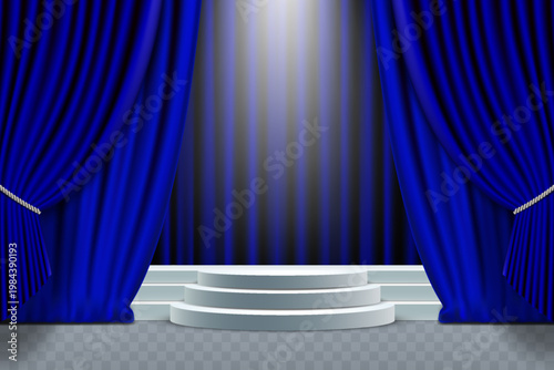 Glowing spotlight illuminating a tiered podium on theater stage with blue curtains