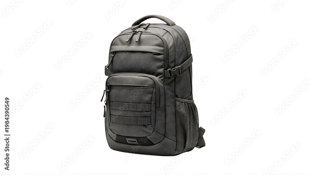 Naklejka premium A rugged gray backpack with multiple pockets and compartments on a white background