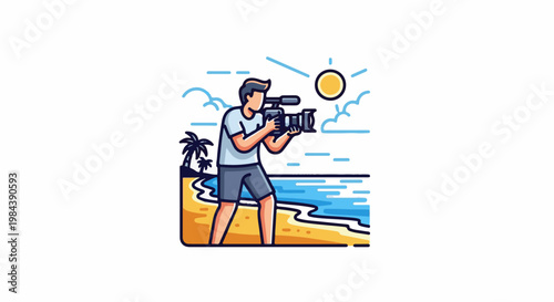 A person films the ocean and beach with a video camera on a sunny day