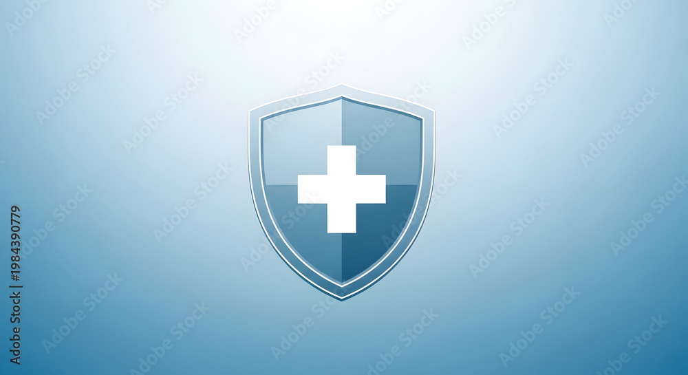 Obraz premium A blue shield with a white cross on a gradient blue background representing protection and safety