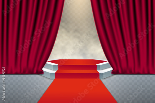 Red opened stage curtains revealing a stage podium with red carpet and spotlight