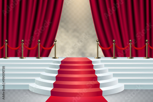 Red carpet entrance with stanchions framing a stage curtain and spotlight