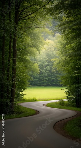 Serene forest road winding through lush green trees leading to a sunlit meadow, evoking a sense of peaceful journey and natural beauty.