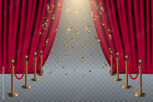 Red curtains opening for luxury event with falling golden confetti and spotlights