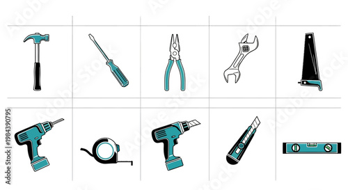 Set of Hand Tools and Power Tools Icons, DIY and Construction Equipment