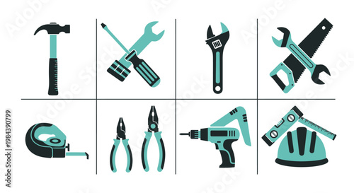 Set of DIY tools icons: hammer, wrench, screwdriver, pliers, drill, level