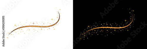 A golden line with multiple sparkling, bright, shimmering light effects. A magical, glittering swirl for web design and fairytale decor, PNG.