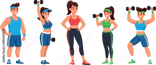 Fitness people lifting dumbbells gym workout characters men and women exercising strength training healthy lifestyle vector illustration set