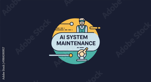 Animated graphic shows a person in goggles and overalls servicing an AI system