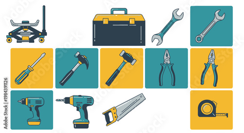 Collection of Tools Icons: Car Jack, Toolbox, Wrenches, Screwdriver, Hammers, Pliers, Drill, Saw