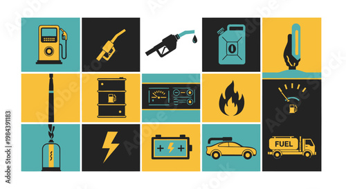 Fuel Station Icons: Gas Pump, Car, Jerrycan, Battery, Electric Car, Fuel Truck