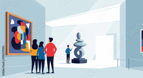 People admire abstract art and modern sculpture in a brightly lit gallery