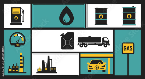 Fuel Industry Icons: Gas Station, Oil Barrel, Truck, Car, Factory, Gauge