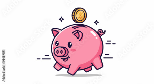 A cute, pink piggy bank with a coin falling into its slot