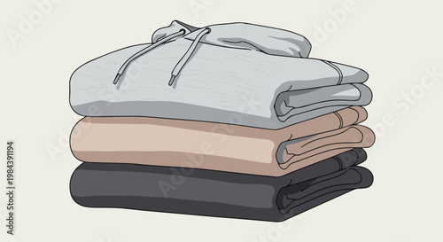 Stack of three folded hooded sweatshirts in neutral colors