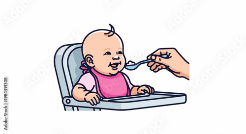 Baby in high chair happily eating from spoon
