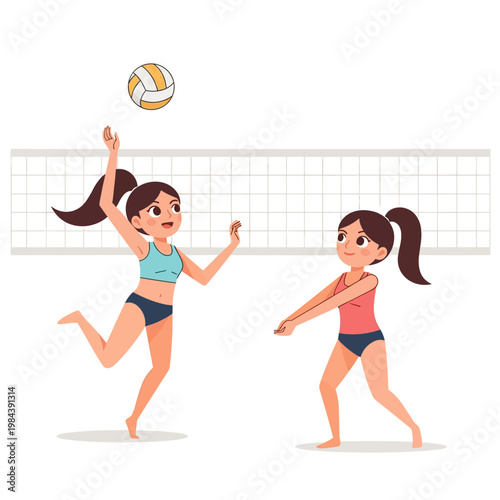 Two girls playing volleyball on court with net and ball in summer  
