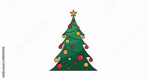 A decorated evergreen tree with a star and round ornaments