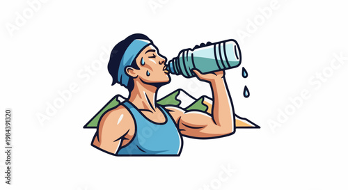 Athletic individual with headband drinks water bottle amidst mountains