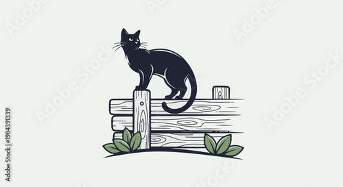 Black cat perched on a wooden fence, surrounded by greenery