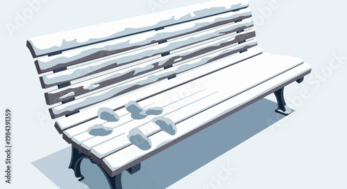 A snow-covered park bench with visible footprints in the seat