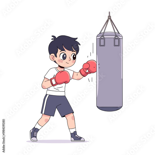 teen boy playing boxing while hitting a heavy bag in gym  