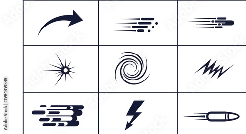 Motion Speed Lines and Icons: Arrow, Bullet, Lightning, Swirl, Starburst