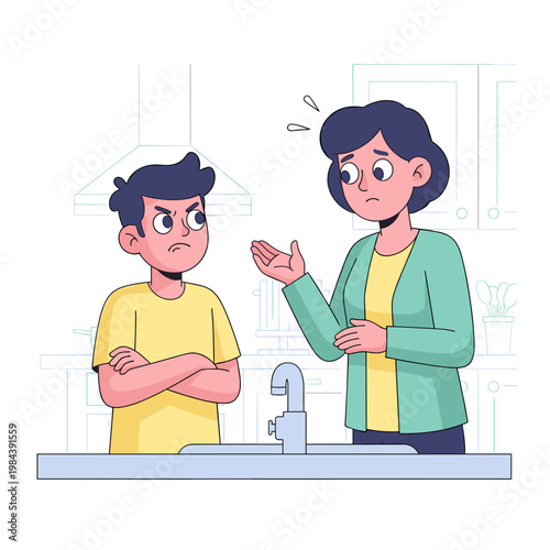 Adolescent arguing with parent in kitchen while expressing disagreement  