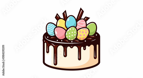 A festive cake decorated with colorful Easter eggs and chocolate drizzles