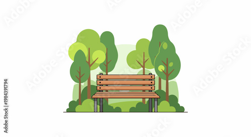 A serene park scene with a wooden bench set amidst lush green trees and bushes