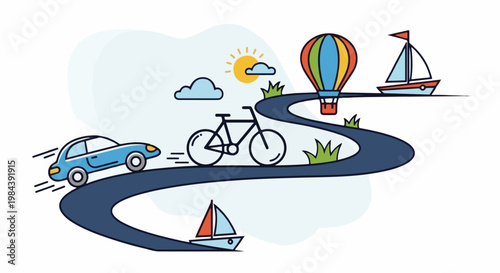 Cartoon illustration of various modes of transport on a winding road