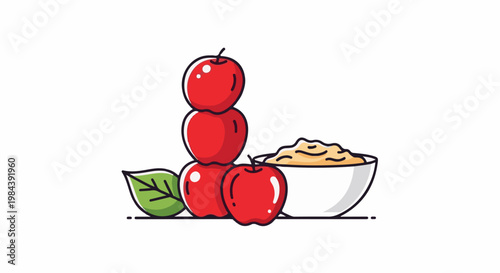 A stack of red apples next to a bowl of mashed food and green leaves